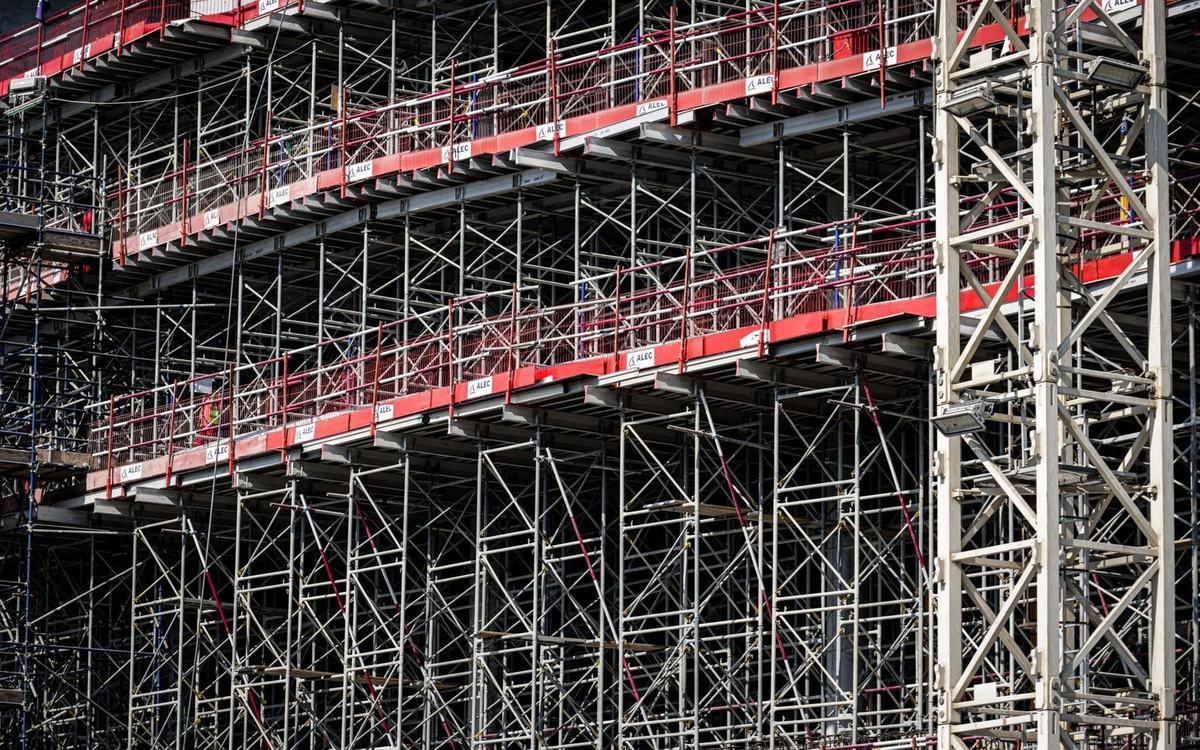 Large multi-storey steel scaffolding structure on a building site